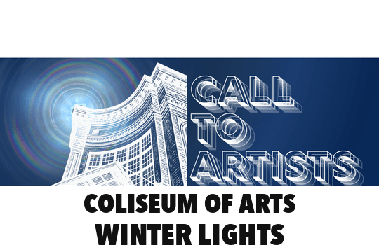 Call to Artists poster for Coliseum of Art Winter Lights, with luminous architectural linework against a navy sky